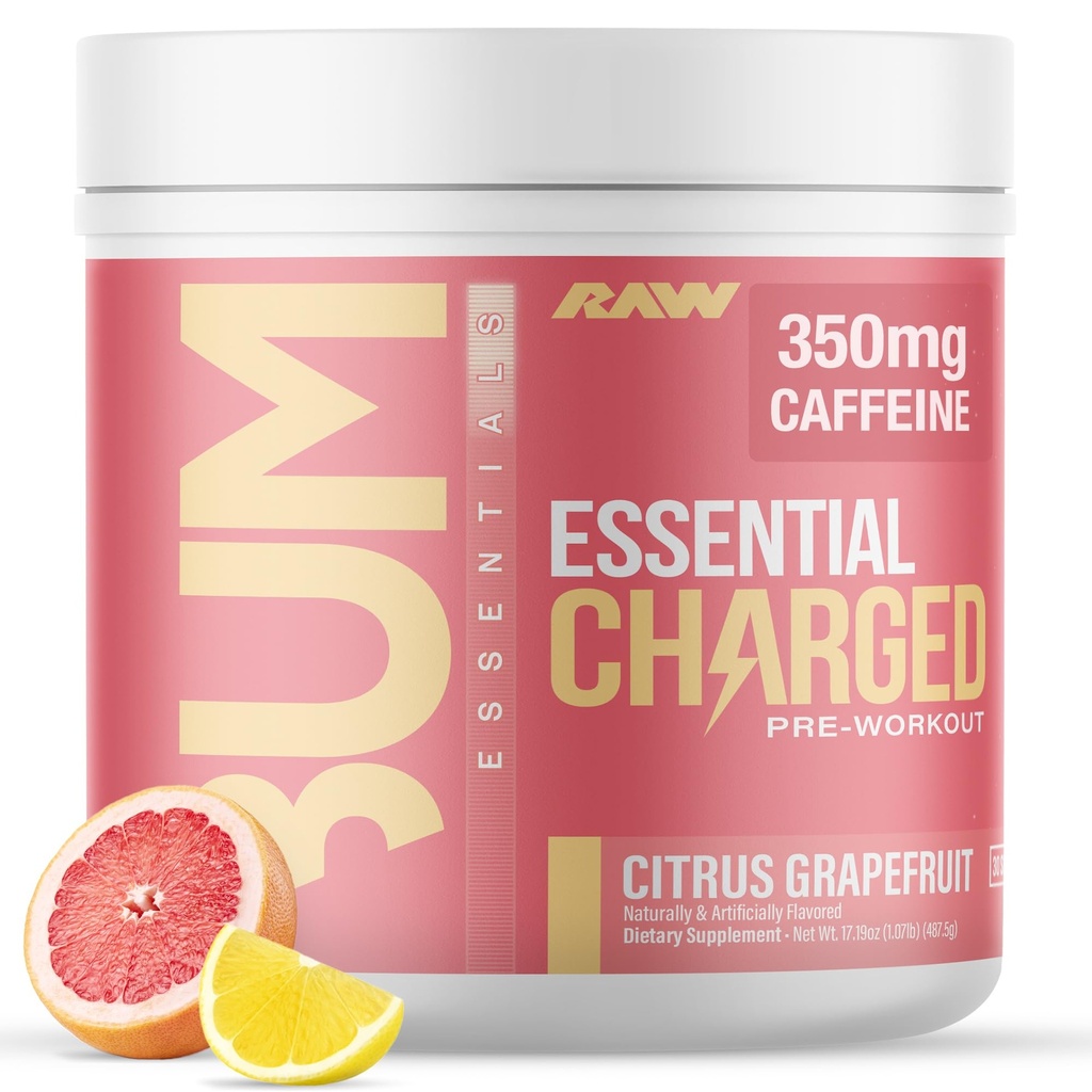 RAW Pre-Workout Powder, Essential CHARGED (Citrus Grapefruit) - 남성, 여성을위한 사전 운동 보충 - 초점, 계류, 성능 - 카페인, 알파 GPC, L-Citrulline, Beta Alanine (25 서빙)