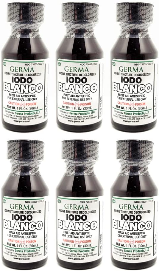 Germa 백색 아이오딘 Tincture. First Aid 항염증제. Minor Scrapes, Cuts, Bruises 및 Burns의 경우. 피부 감염. 1개 oz. 팩 6
