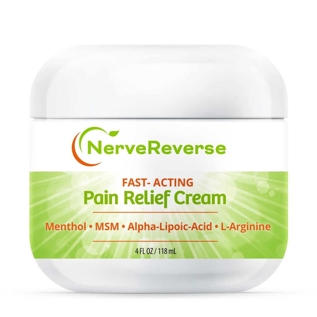 NerveReverse - 발, 손, 다리 발가락을위한 Neuropathy 통증 완화 크림. 큰 4 OZ. JAR. 빠른 행동, 4% 멘톨, MSM, L 카르니틴, L 아르기닌, 비타민 E, 비타민 B6를 가진 최대 힘 크림