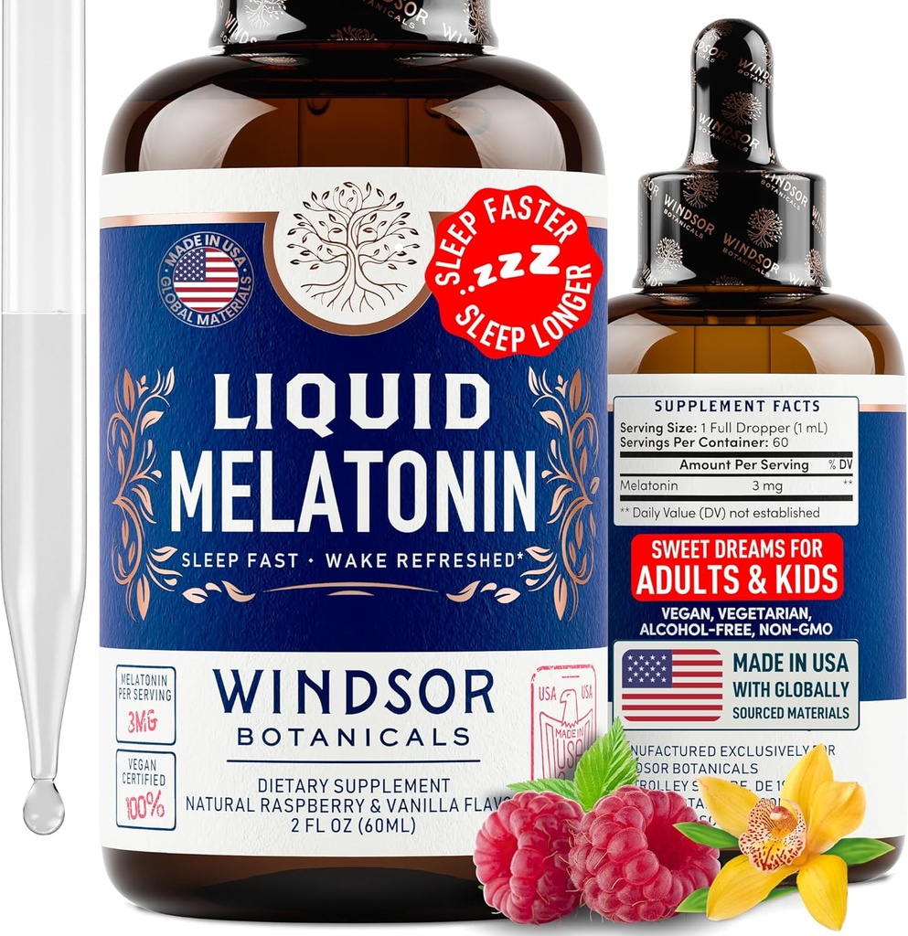 성인과 아이를 위한 액체 Melatonin 6 년 - 3mg Melatonin 하락 여분 힘 액체 잠 원조 - 빠른 흡수, 라즈베리 바닐라 풍미 Melatonina - 2oz, 미국에서 만드는 2 달 공급