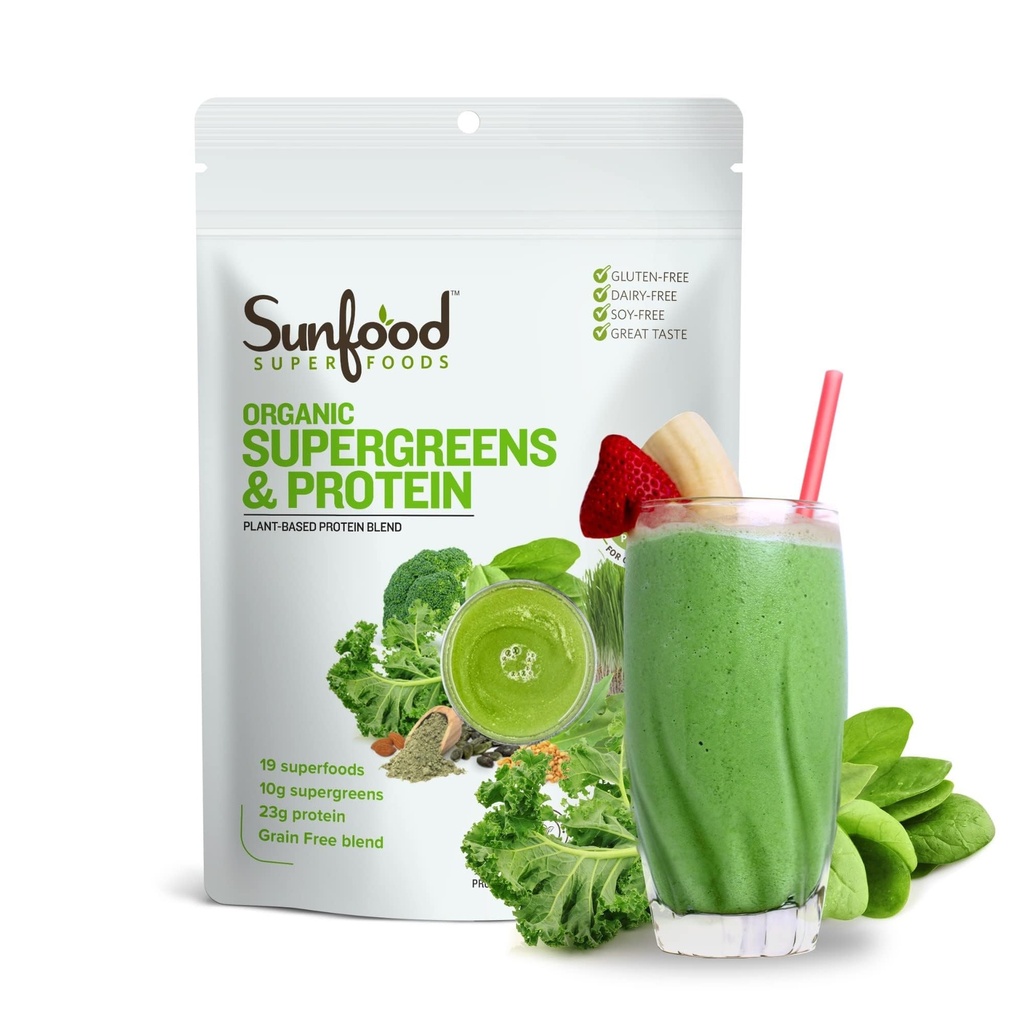 Sunfood Organic Supergreens & Protein - Greens Superfood Powder, Organic Protein Powder, Plant Based Vegan Protein, Gut Health w/Chlorella & Spirulina, 서빙 당 23g Protein - 8 oz