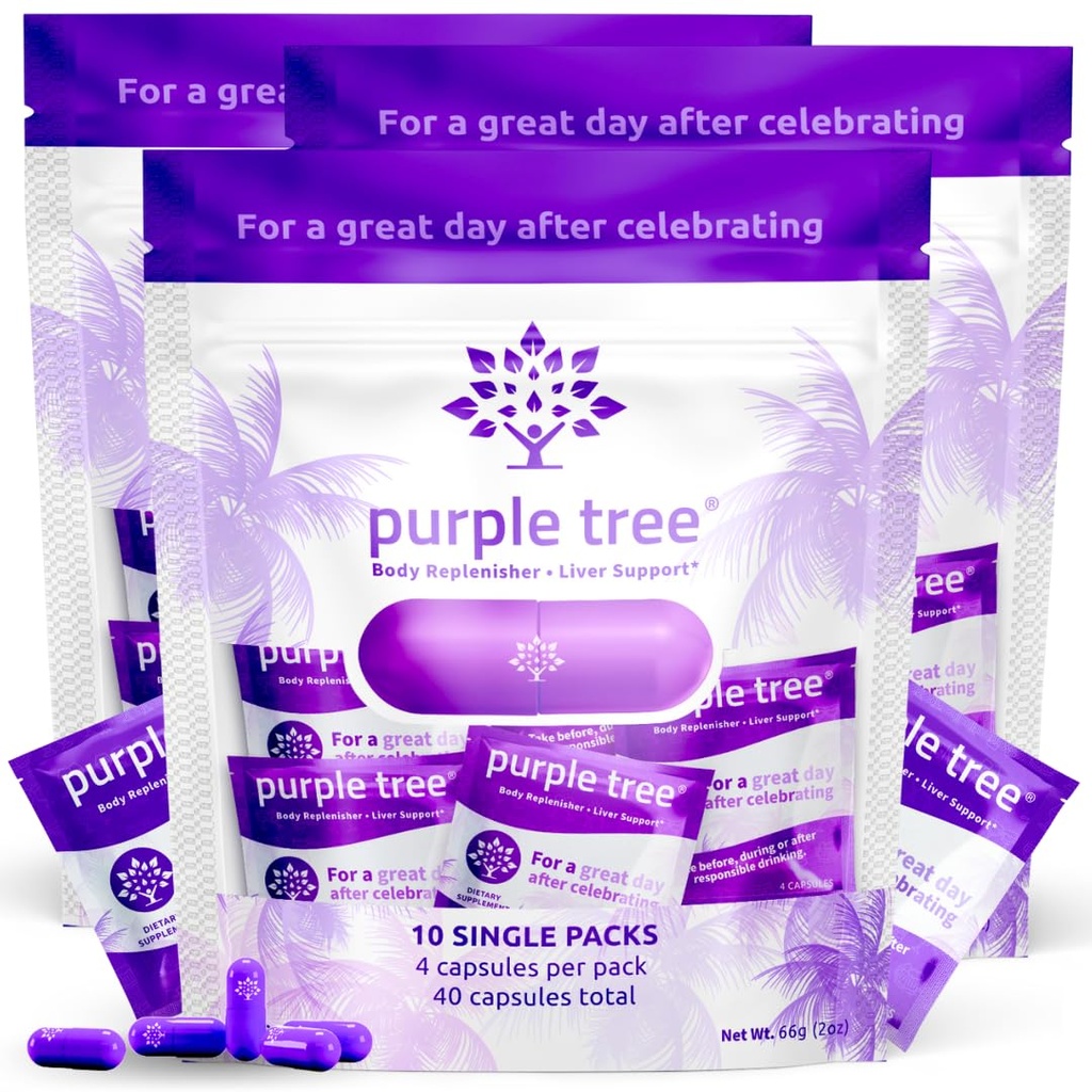 Purple Tree Post-Celebration Wellness | Liver Support, Hydration & Replenisher | Dihydromyricetin DHM, Milk Thistle, Electrolytes, Vitamins | Bachelorette & Bachelor Party Kits, 30 Packets (120 알 약)