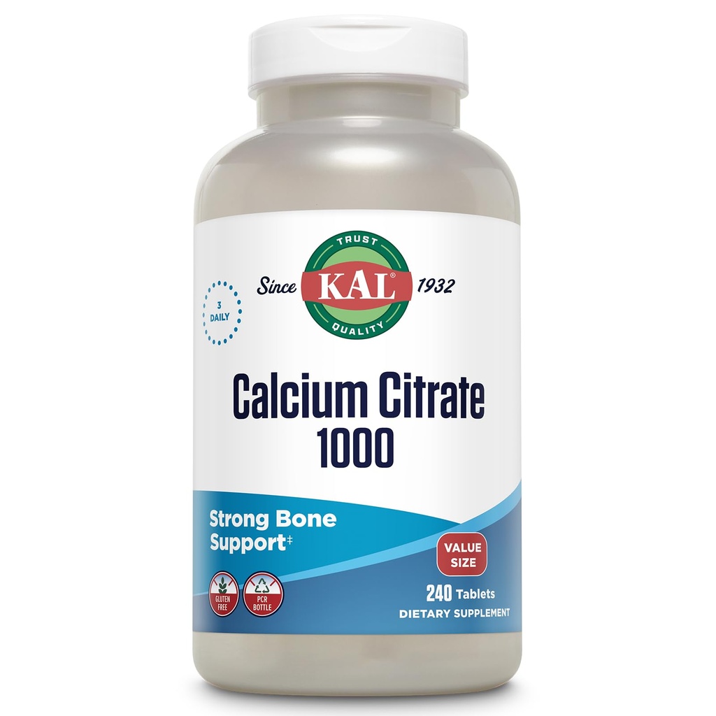 KAL 칼슘 시트레이트 1000mg, 여성 및 남성, 뼈 건강, 치아, 신경, 근육 및 심장 혈관 시스템 지원, 글루텐 무료 및 실험실 확인, 80 서빙, 240 정제
