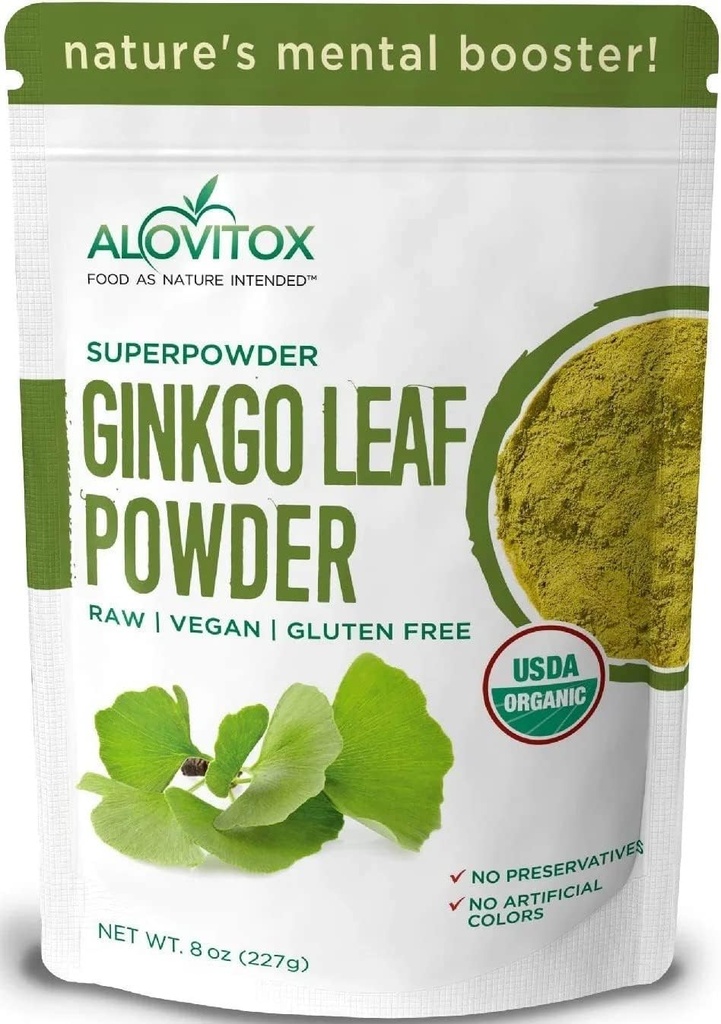 Ginkgo Biloba 잎 분말 8oz - Ginkgo Biloba 차는 건강한 시효, 기억, 초점, 계류 및 농도를 지원합니다 - 100% 자연적인 Ginko 잎 추출물, Vegan, 비 GMO & 증명한 유기 Ginkgo 잎 분말