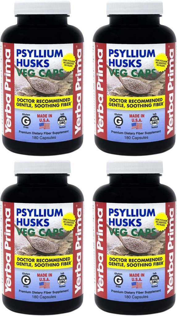 Yerba Prima Psyllium Husks Veg Caps - 180 Count (Pack of 4) - Vegan, Non-GMO, Gluten Free, Colon Cleanser, Gut 건강 및 정기적을위한 일일 섬유 보충