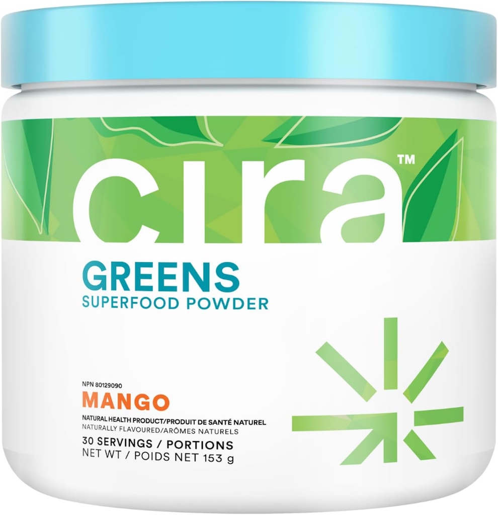 Cira Daily Greens - Naturally Sweetened, 프리미엄 유기농 Spirulina Superfood Powder, Debloating, Digestion, & Energy - Mango, 30 서빙