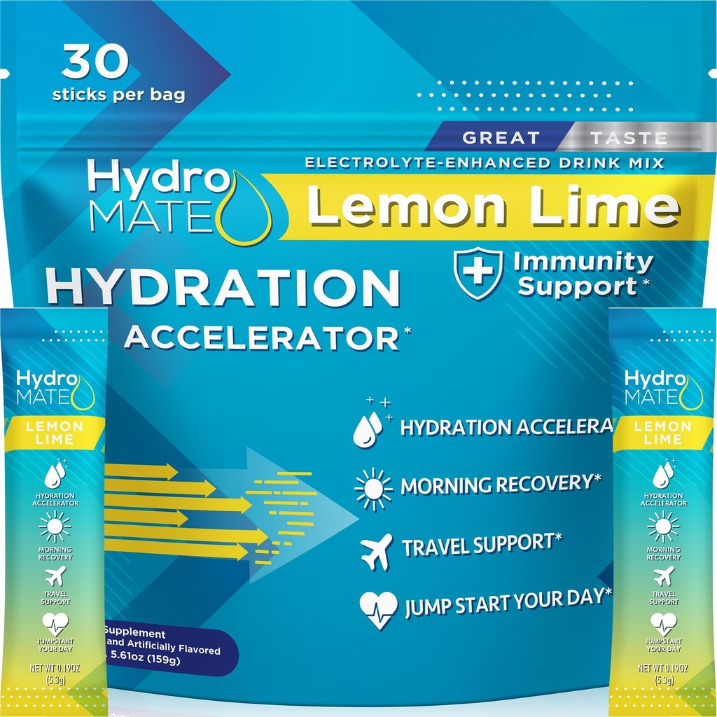 HydroMATE Electrolyte 분말 레몬 Lime Hydration 소포 낮은 설탕 30 조사