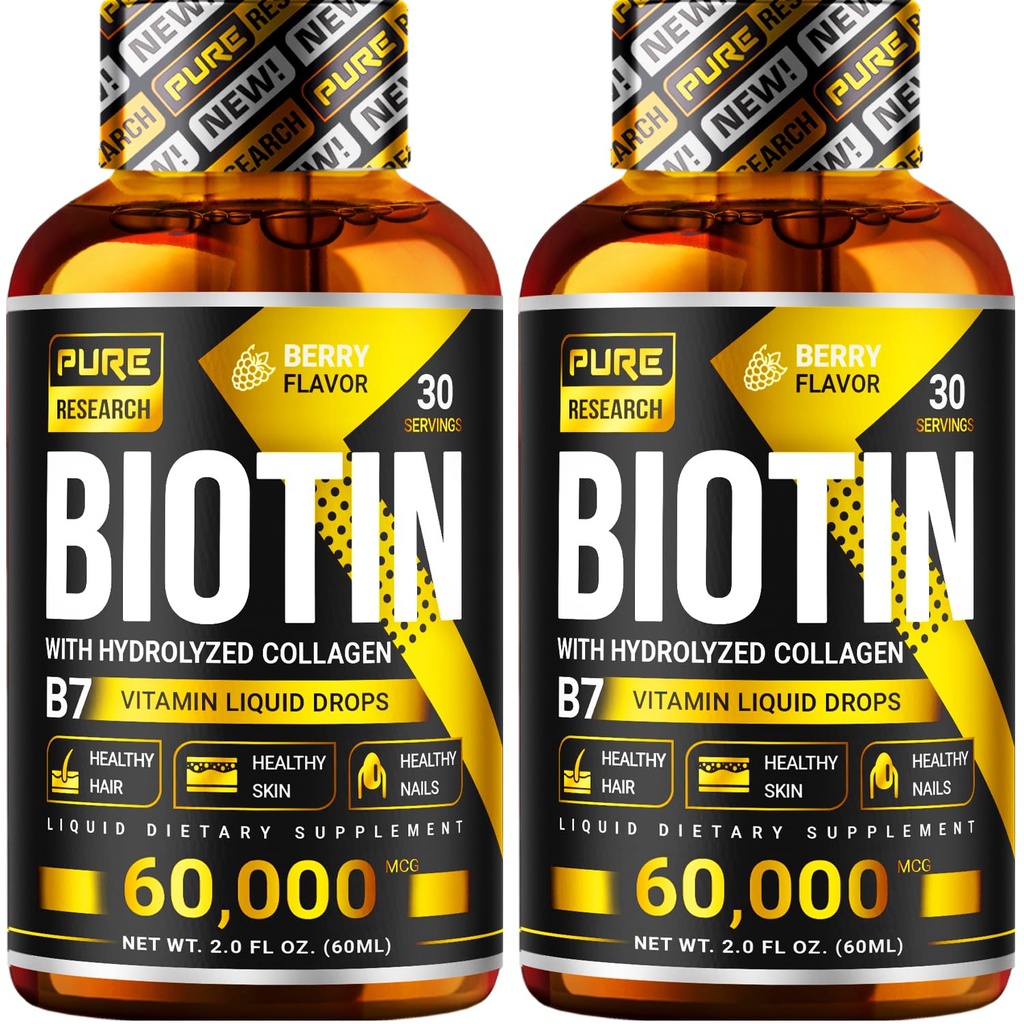 PURE RESEARCH Biotin & 교원질 60,000mcg 머리 성장 액체 하락, 지원: 강한 못, Glowing 피부, 건강한 머리 성장, 캡슐 & 알약 (4Fl Oz) 보다는 더 흡수