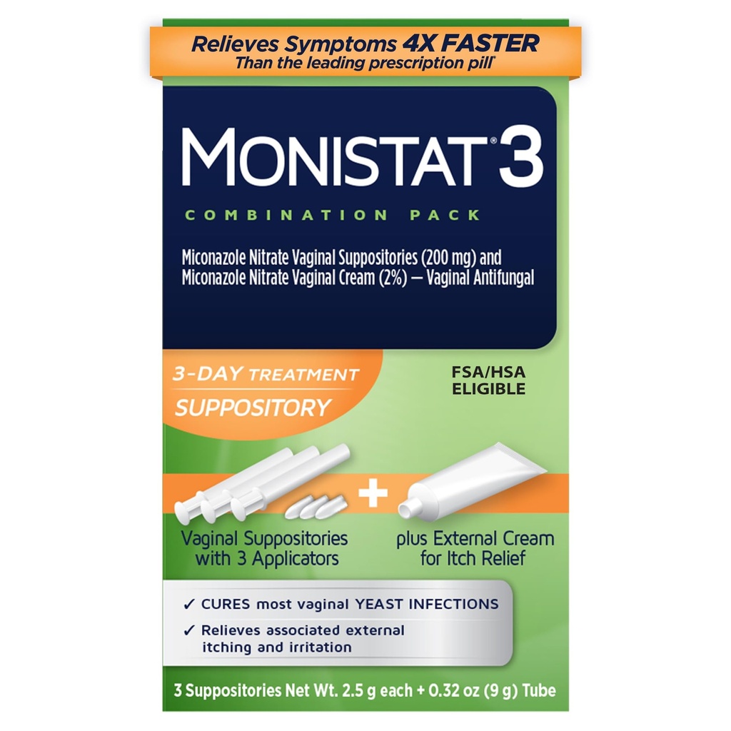 여성을 위한 Monistat 3 일 효모 감염 처리, 3 Miconazole 질 좌약 & 외부 Itch 기복 크림 (9g 관) 결합 팩