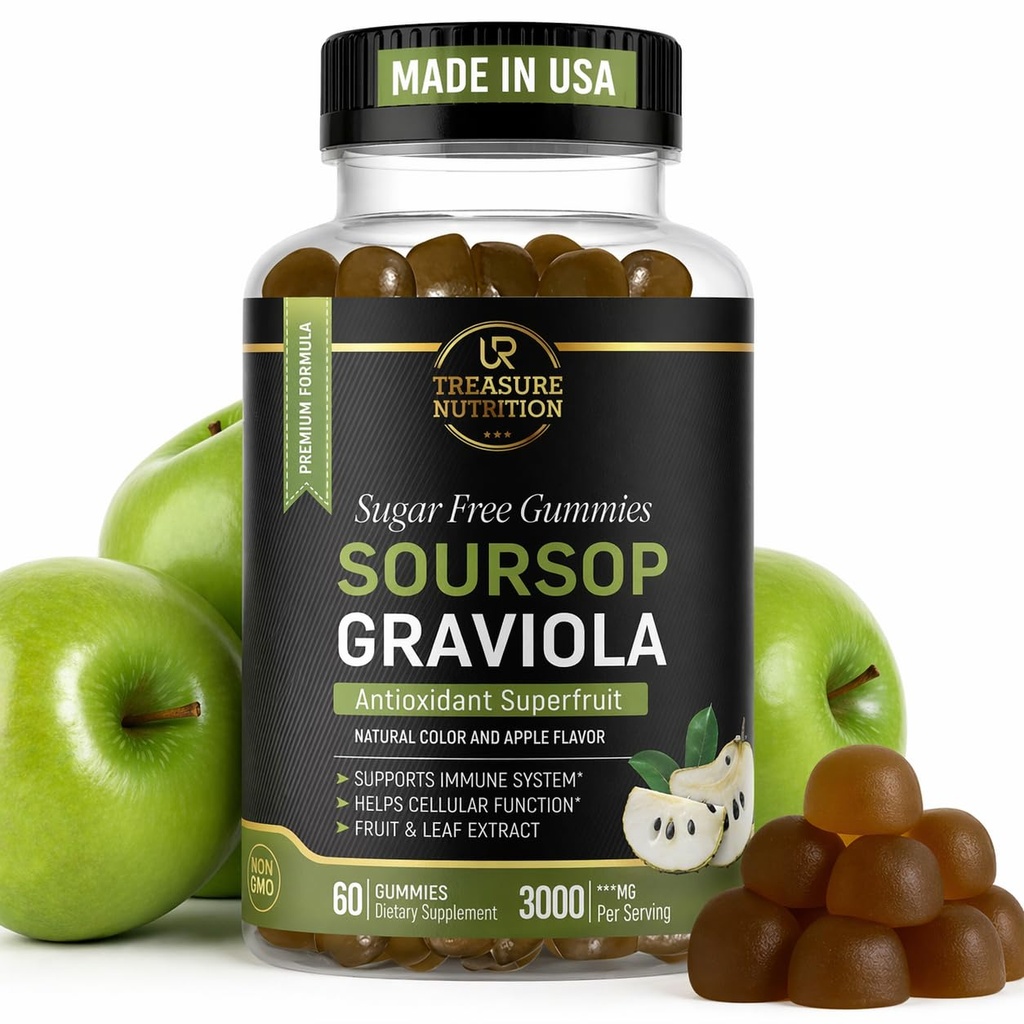 Soursop 잎 & Soursop 과일 Gummies - 3000mg Soursop 추출물 - Graviola 보충교재 - Soursop 과일과 잎 - 60ct - 설탕 자유로운 - 글루텐 자유로운 - 비 GMO - Vegan 친절한