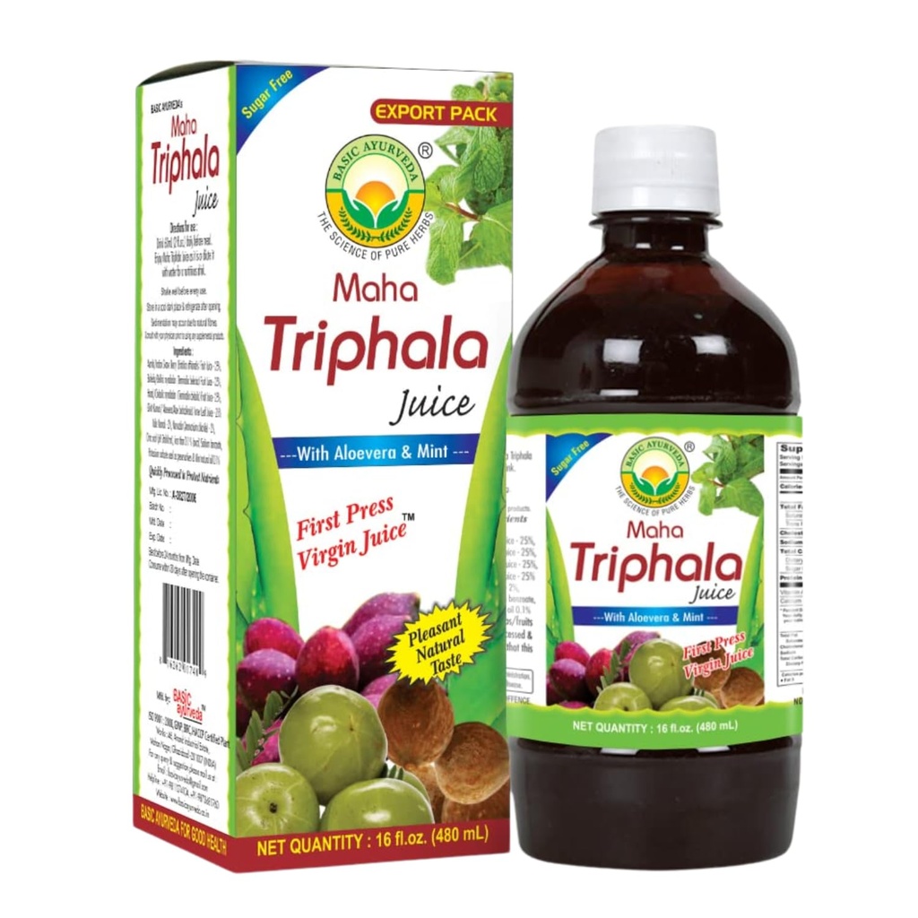 Ayurveda Maha Triphala Juice with Aloe Vera & Mint – 16 Fl Oz (480ml) | 자연 초본 음료 | First Press Virgin Juice | No Sugar | 매일 사용 및 클렌징에 적합