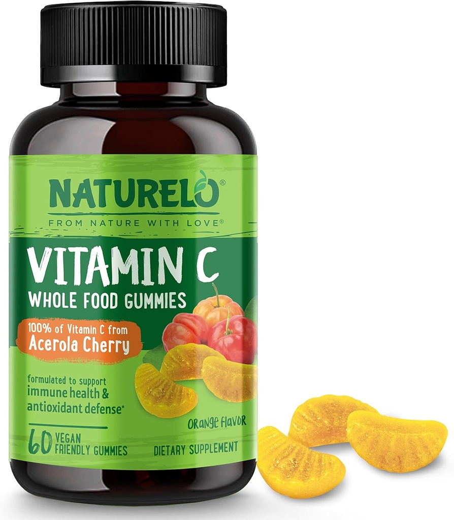 NATURELO 전체 식품 비타민 C Gummies, Acerola Cherry의 비타민 C, 식물 기반 보충, 60 Vegan-Friendly Gummies