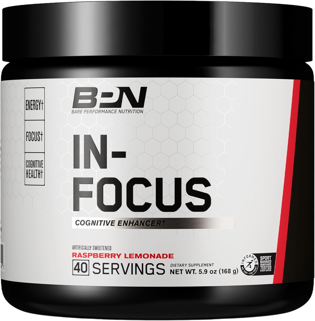 BARE PERFORMANCE NUTRITION, BPN in-Focus Brain Support Supplement, Focus & Energy, Alpha GPC, Raspberry Lemonade, 40 서빙