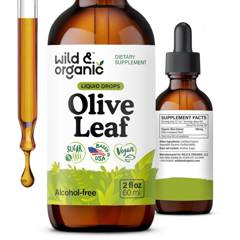 야생 & 유기 올리브 리프 추출물 액체 드롭 - 산화 방지제 & 면역 지원 - Olineurope 올리브 리프 보충 - Vegan, Sugar & Alcohol-Free Drops - 2 fl oz