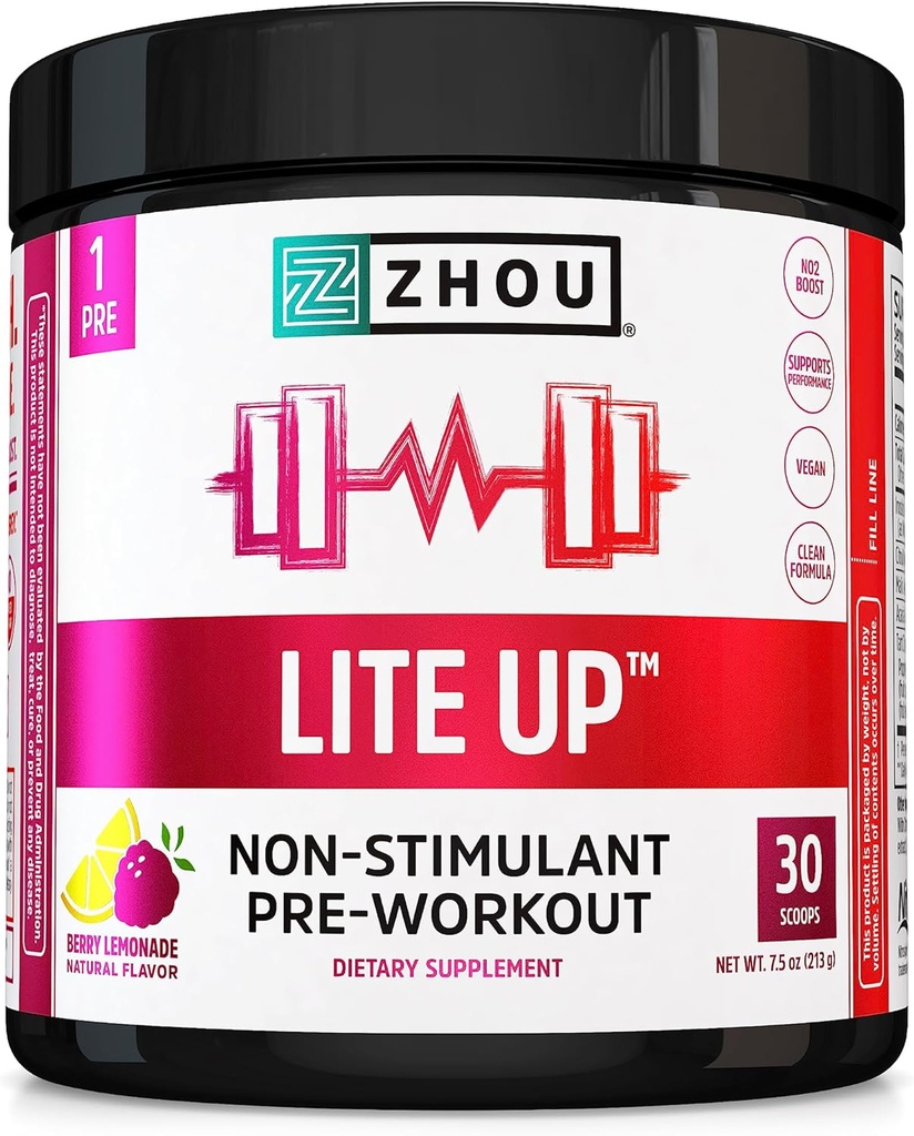 Zhou Lite Up - Non Stim Powder, Nitric Oxide Stim Free Supplement for Men & Women, Caffeine Free Boost, Clean Formula - Berry Lemonade 풍미, 7.5 oz Jar (30 Scoops)