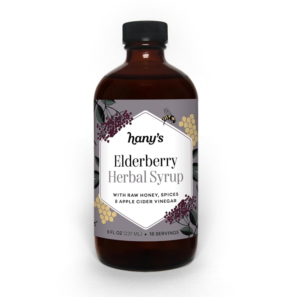 Hany's Harvest Elderberry Herbal Syrup – 8 fl oz | 모든 자연 웰니스 토닉, 애플 아이더 포도, 원시 꿀 & Elderberry | 비 GMO, 글루텐 프리, 수공예