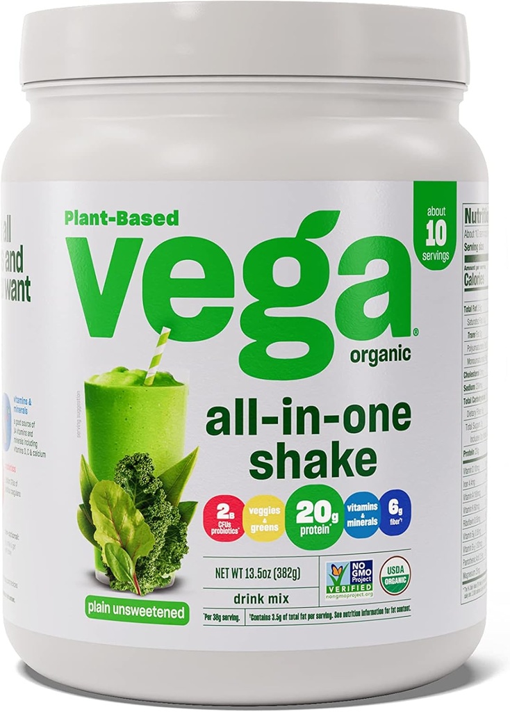 Vega Organic All-in-One Vegan Protein Powder, Plain Unsweetened - Superfood Ingredients, 면역 지원을위한 비타민, 여성 및 남성용 완두 단백질, 13.5 oz (패키지 May Vary)