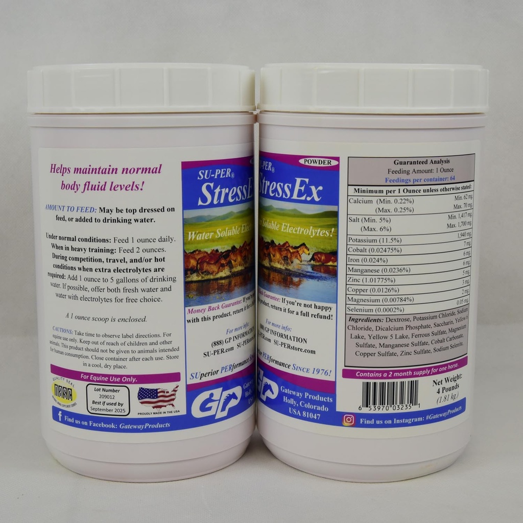 SU-PER Stress-Ex Horse Electrolyte Supplement - 일반 바디 유체 레벨 유지 - Hydration 용 Electrolytes Replenishment - 4 파운드, (2 팩)