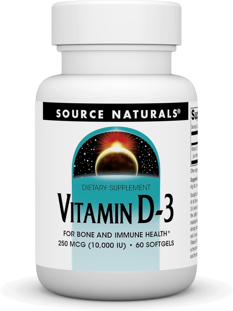 Source Naturals 비타민 D-3, 지원 뼈 & 면역 건강 *, 250 mcg (10,000 IU) - 60 Softgels