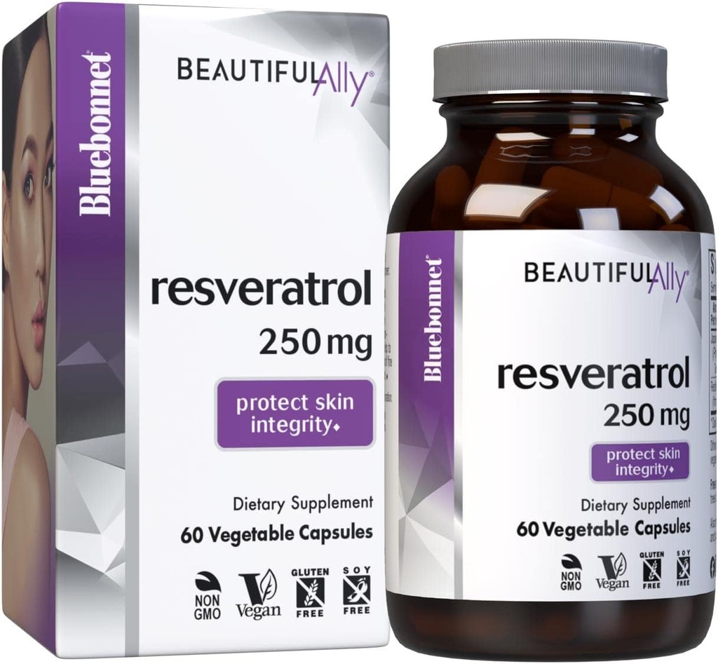 Bluebonnet 영양 아름다운 Ally Resveratrol 250mg, 최고의 피부, 산화 방지제, 아름다움 영양, 채식주의, 비 GMO, 글루텐 무료, 콩 무료, 60 야채 캡슐, 60 서빙