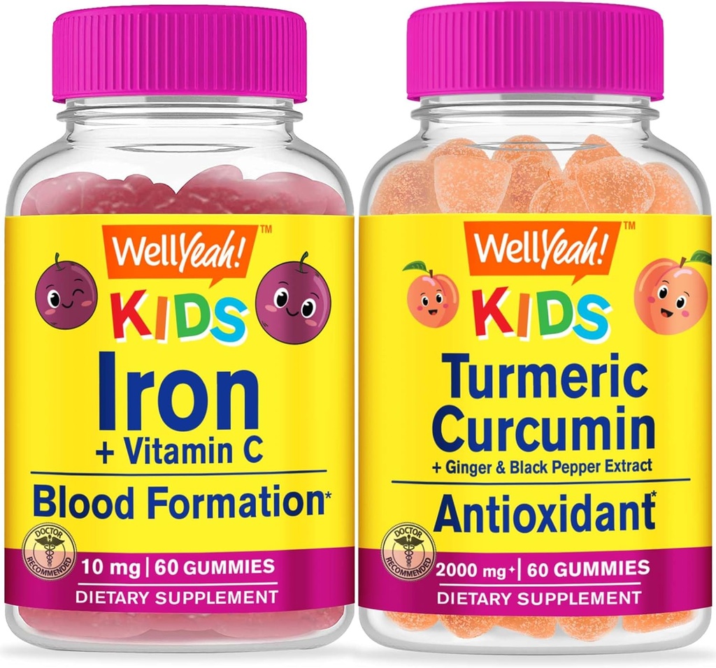 WellYeah Iron + Vitamin C Kids + Turmeric Curcumin Kids, Gummies Bundle - 훌륭한 타스팅, 비타민 보충, 글루텐 무료, GMO 무료, Chewable Gummy