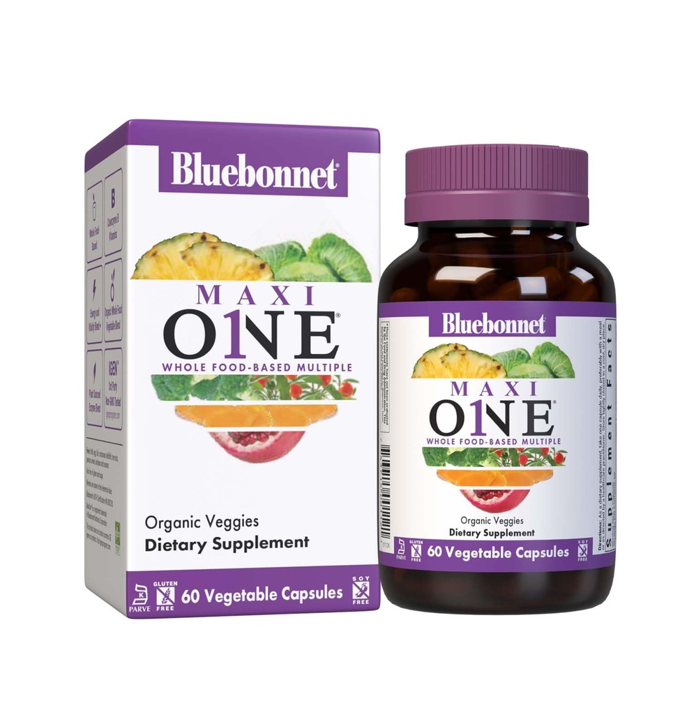 Bluebonnet Nutrition Maxi One (철 포함), 전체 식품 배수, 효소, 에너지, 활력, 글루텐 & Dairy & Soy Free, Kosher, Vegetarian Friendly, Non-GMO, 2 개월 공급, 베이지, 60 카운트