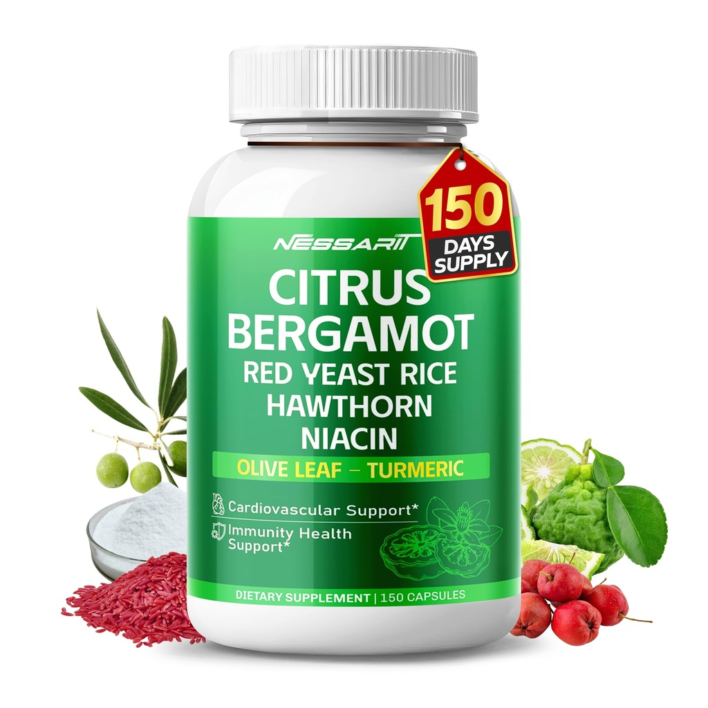 Citrus Bergamot Supplement - 15in-1 Red Yeast Rice Hawthorn Olive Leaf Odorless Garlic Turmeric Ginger Fenugreek - 150 카운트 - 미국에서 제조 및 테스트