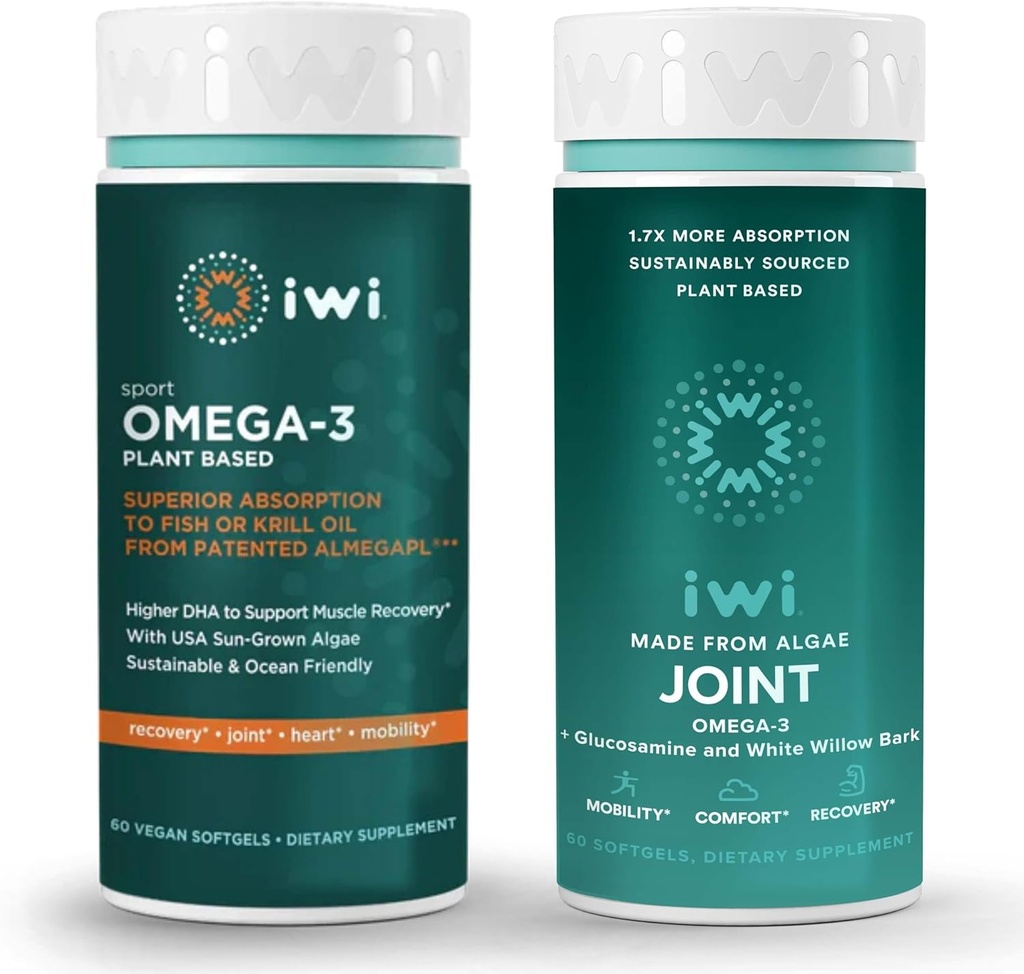 iwi Omega-3 스포츠 및 관절 오메가-3 번들, 30 서빙, Vegan Plant-Based 조류 오메가 3, Krill & 물고기 기름 대안, No Fishy Aftertaste