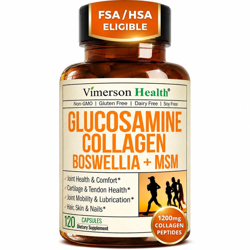 글리세린 교원질 펩티드를 가진 Glucosamine Chondroitin MSM - Quercetin, Bromelain & Boswellia 추출물을 가진 합동 지원 보충교재 - 머리 피부 못을 위한 교원질 알약 - FSA Eligible 120 모자