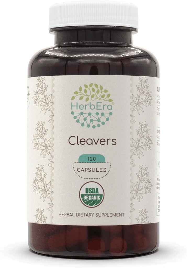 HerbEra Cleavers USDA 유기 120 캡슐 | 천연 초본 보충 | 인증 유기농 채식 캡슐 및 유기 클레버 (Galium aparine) 건조 허브 (120 캡슐)