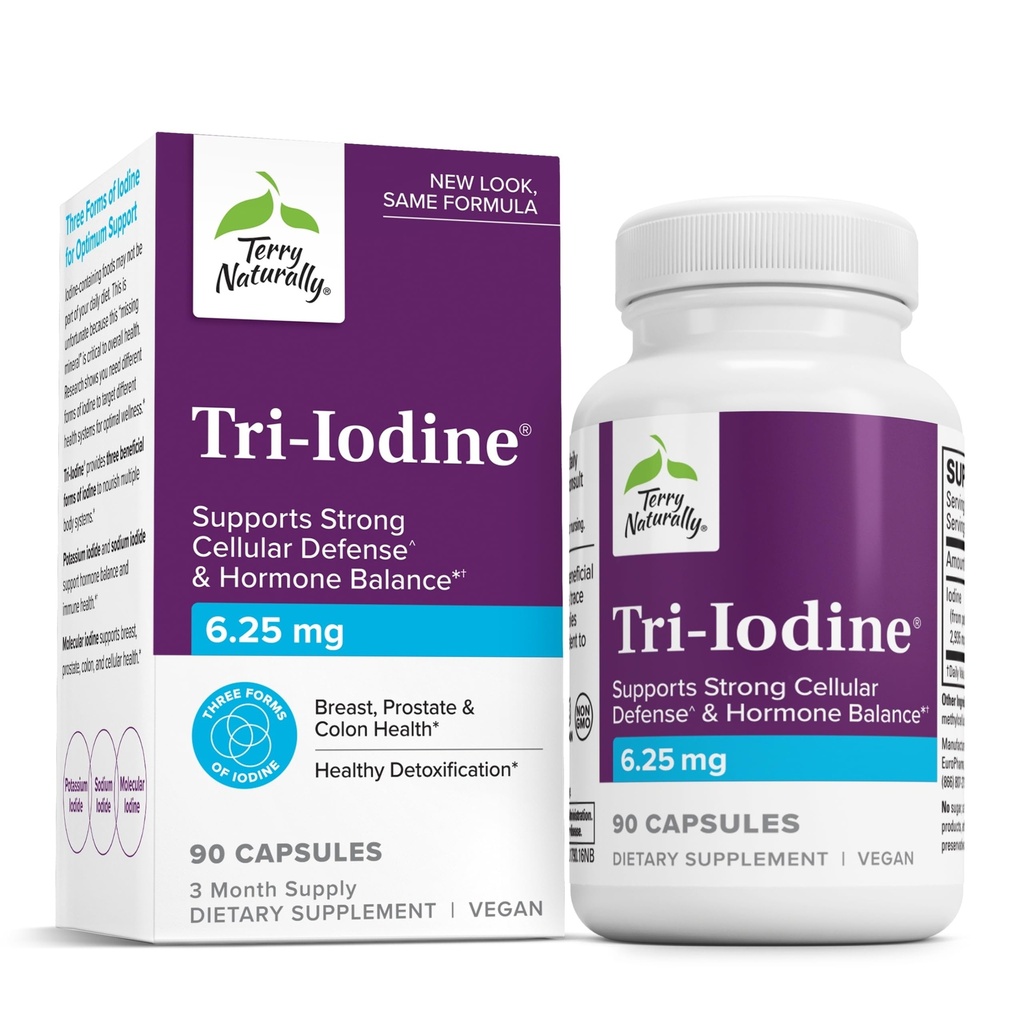 Terry Naturally Tri-Iodine - 지원 Thyroid 건강 - Kelp에서 분자 Iodine와 보조 호르몬 균형 - 특징 칼륨 Iodide & 나트륨 Iodide - 뇌 및 에너지 지원 - 6.25mg, 90 캡슐