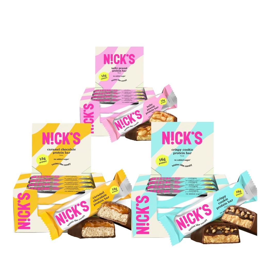 Nick 's Sampler Pack 스웨덴어 스타일 단백질 바, Keto 친절한 스낵 바, 추가 설탕 없음, 5g Collagen, 낮은 Carb Protein Bar, 낮은 설탕 식사 교체 바, Keto 스낵, 36-Count