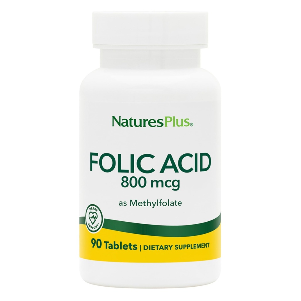 Natures Plus Folic Acid (Methylfolate) - 800 mcg, 90 Vegan Tablets - 건강한 조직 성장 지원 - 채식주의, 글루텐 프리 - 90 서빙