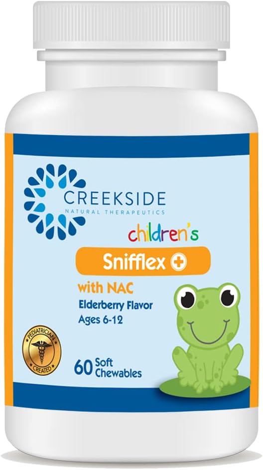 Creekside Naturals Snifflex, 어린이 Sinus & Respiratory Support, Immune Health, Pediatrician은 NAC, Quercetin & Bromelain, Zero Sugar, Vegan, 60 Soft Chewables로 공식화되었습니다.
