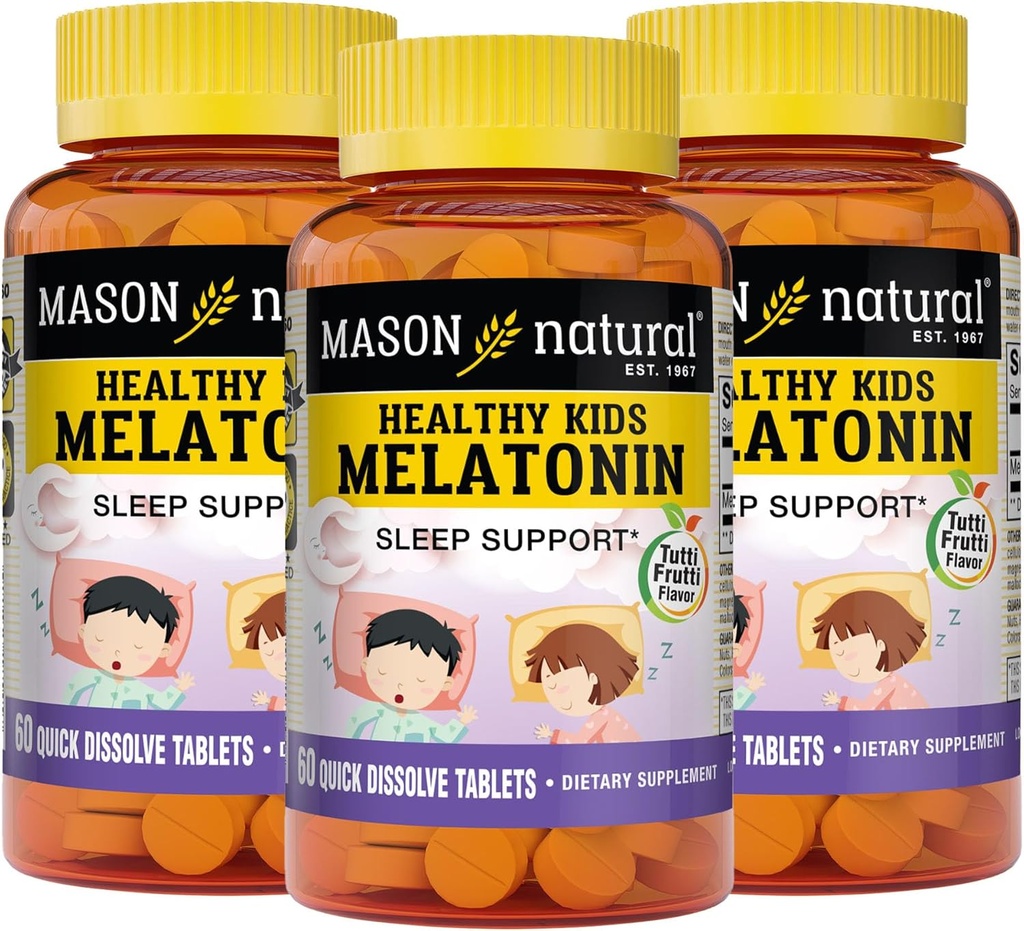MASON NATURAL 건강한 아이 Melatonin, 아이들을 위해, 건강한 잠, 빠른 행동, 과일 맛을 내는, 60 빠른 용해 정제 (포장 3)