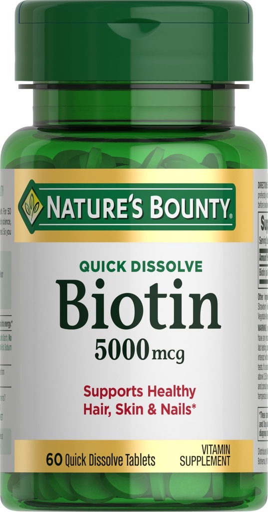 Nature 's Bounty Biotin, 셀룰러 에너지 및 건강한 모발, 피부 및 손톱, 5000 mcg, 60 빠른 용해 정제를위한 Metabolism 지원