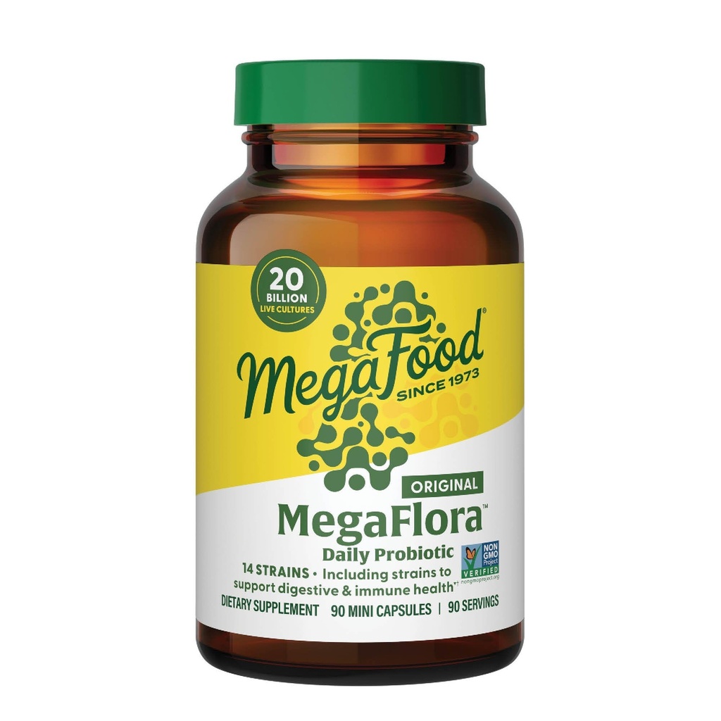 MegaFood MegaFlora Probiotic - 여성 소화 건강을위한 Probiotics - 면역 지원 보충 - 20 억 CFU - 14 Strains - Non-GMO - 채식 - 90 미니 캡슐 (90 인분)