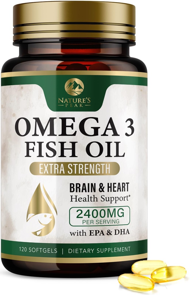 오메가 3 생선 기름 알약 2400mg - 트리플 강도 오메가 3 생선 기름 보충제 - 뇌 및 심장 건강 지원을위한 최고의 EPA 및 DHA 지방산, 자연의 오메가 3 보충, 60 일 공급 - 120 Softgels