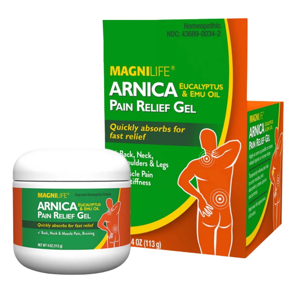 MagniLife Arnica 통증 완화 젤, 빠른 행동 목 및 허리 통증 완화, 유칼리투스와 Emu 오일 Soothe Soreness, 염증 및 불편 - 4oz