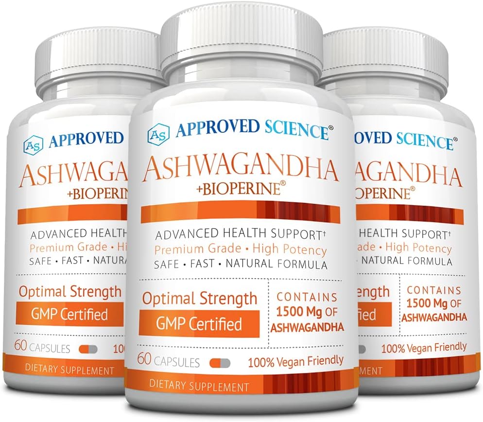 Bioperine® 및 Ginger- Boost Mood & Energy와 함께 승인 된 과학 Ashwagandha 1500mg - 60 Vegan 친절한 캡슐 (3 병)