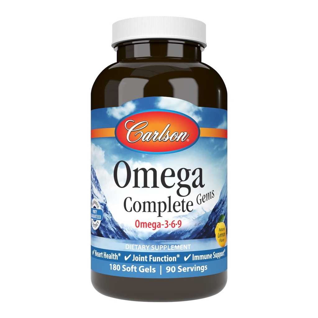 Carlson - Omega Complete Gems, Omega-3-6-9, Wild Caught, Sustainably Sourced, 심장 건강, 관절 기능 및 면역 지원, 180 Softgels