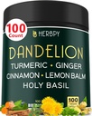 소화, 심장 건강 & 면역을 위한 Dandelion 뿌리 보충교재 7500mg 6in1 - Ginger, Turmeric Curcumin, Ceylon Cinnamon, 레몬 Balm & Holy Basil - 100 Dandelion 캡슐과 혼합