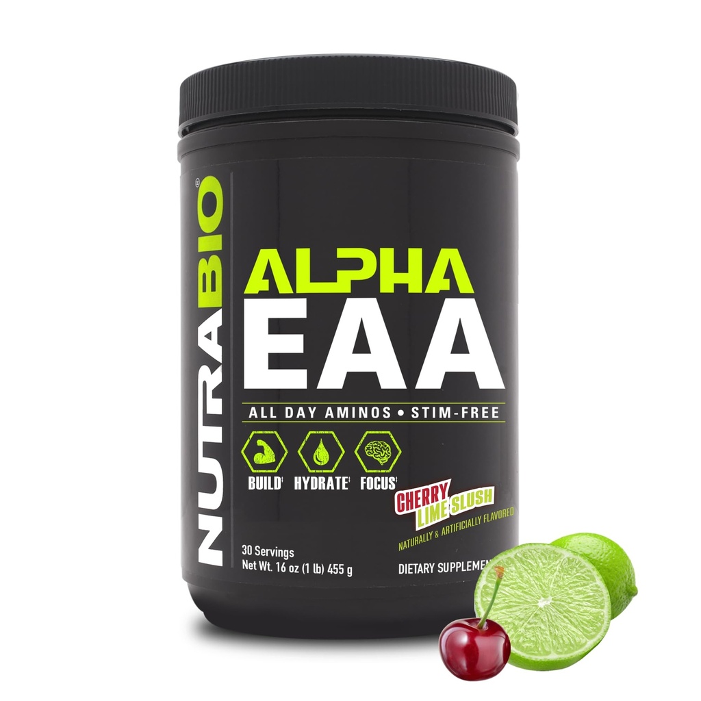 NutraBio 알파 EAA - 근육 성장을 위한 모든 일 아미노산 및 Hydration - Nootropics & Adaptogens를 가진 근본적인 아미노산 - 가득 차있는 스펙트럼 EAA BCAA 분말 - 30의 서빙 - 체리 Lime Slush