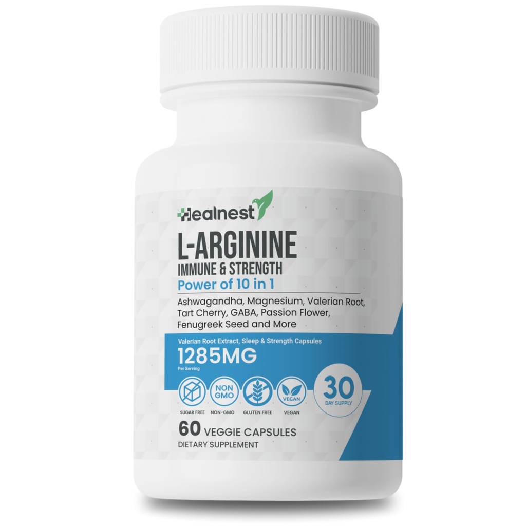 L 아르기닌 캡슐 - 1285MG Ashwagandha, L-Theanine, Magnesium, GABA, 아연 및 타트 버찌의 혼합 – 근육 회복, 스트레스 완화, 무드 지원 – 비 GMO, 남성과 여성을위한 60 Veggie 캡슐