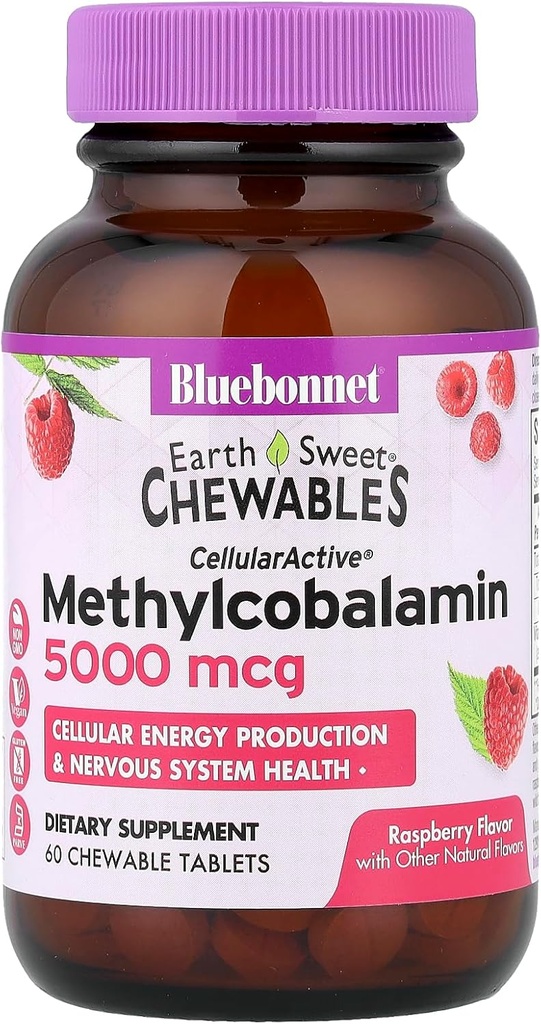 BlueBonnet Nutrition Earth Sweet® Chewables, CellularActive® Methylcobalamin, 라즈베리, 5,000 mcg, 60 킬레이트 정제