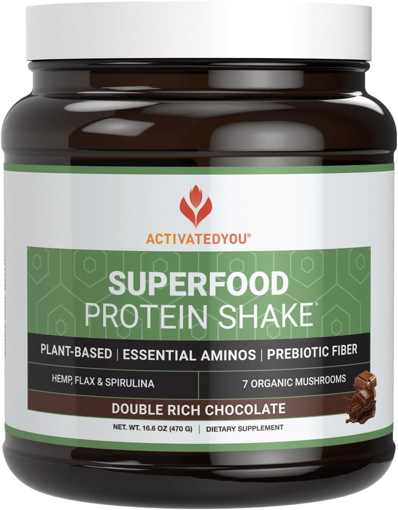 ACTIVATEDYOU Superfood Protein Shake -Vegan Plant Protein Powder - 유기농 7 버섯 혼합, Spirulina 및 GoldRella Chlorella - 근육 무결성, 초콜릿 맛 (15 서빙)