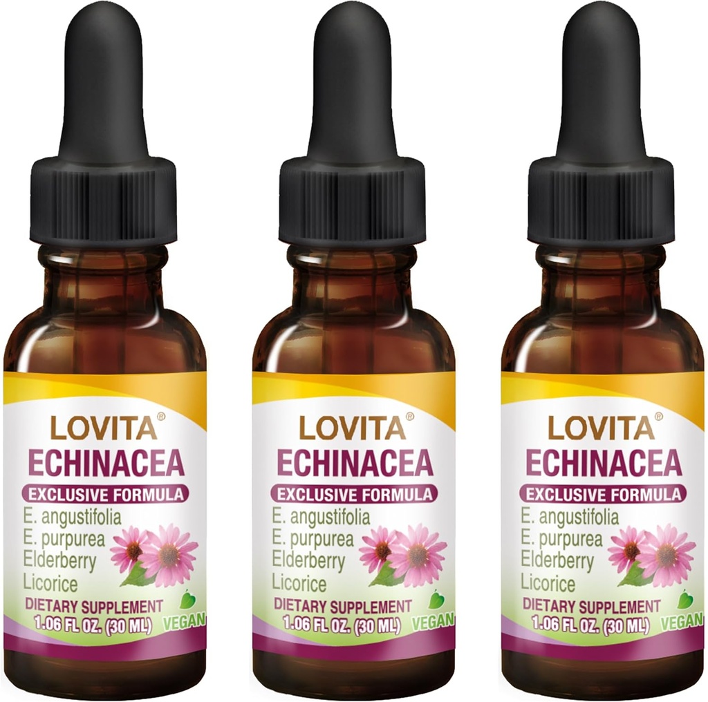 Lovita Echinacea Extract Liquid | 1 FL OZ | 350 mg의 서빙 | 농축 허브 Tincture | Vegan | Alcohol-Free | Elderberry 및 Licorice Extract (Pack of 3)