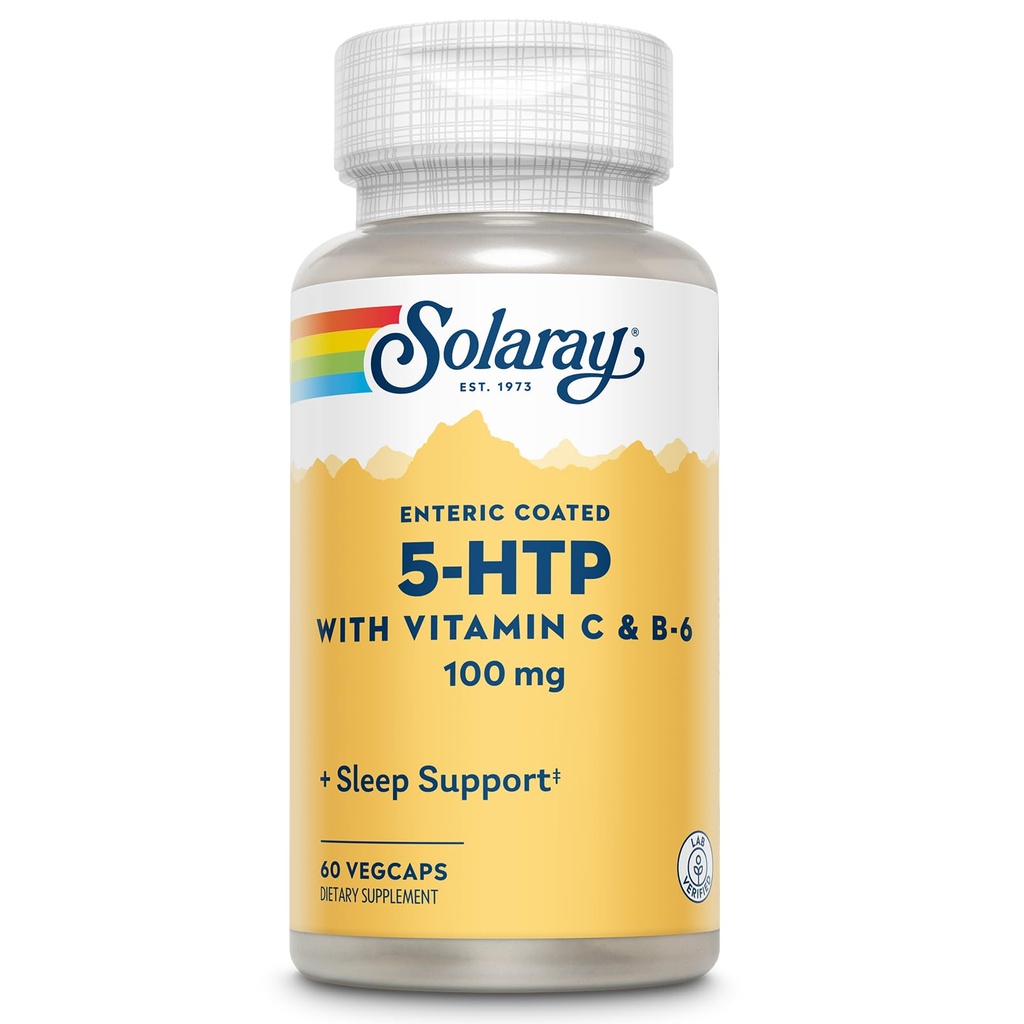SOLARAY 5 HTP 보충 비타민 C & B-6 - Sleep Supplement 및 Serotonin Synthesis 지원 - 실험실 검증, 60 일 환불 보증 - 60 서빙, 60 Enteric 코팅 VegCaps