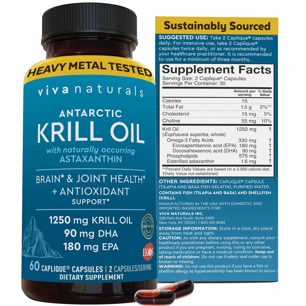 Viva Naturals Antarctic Krill Oil Omega 3 보충제 1250 mg - DHA EPA Omega-3 및 Astaxanthin Concentration for Joint Health, No Fish Burp - 60 Krill Oil 캡슐