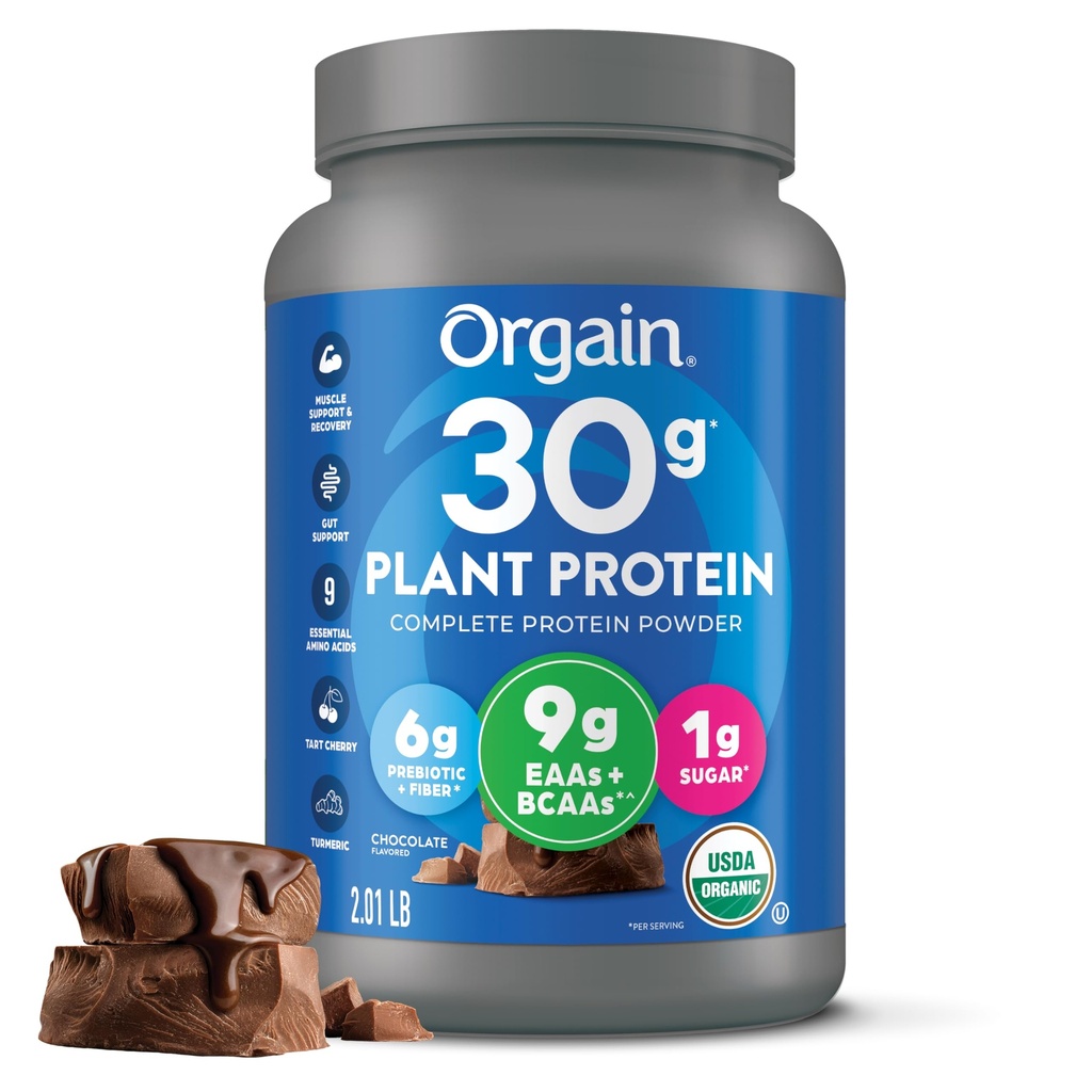 Orgain 유기 30g Vegan 단백질 분말, 초콜렛 9g EAAs + BCAA, 식물 단백질, 6g Prebiotic + 섬유, 1g 설탕, 전 운동, 근육 지원 + 회복 - 2.01lb (포장 월병)